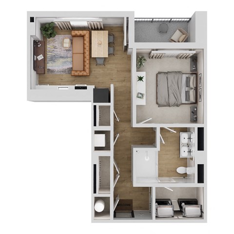 Floor plan for 1 bed, 1 bath, 697 sqft